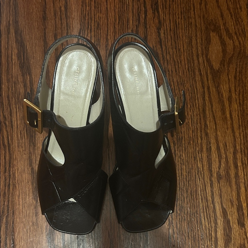 Celine Black Leather Peep-Toe Heels